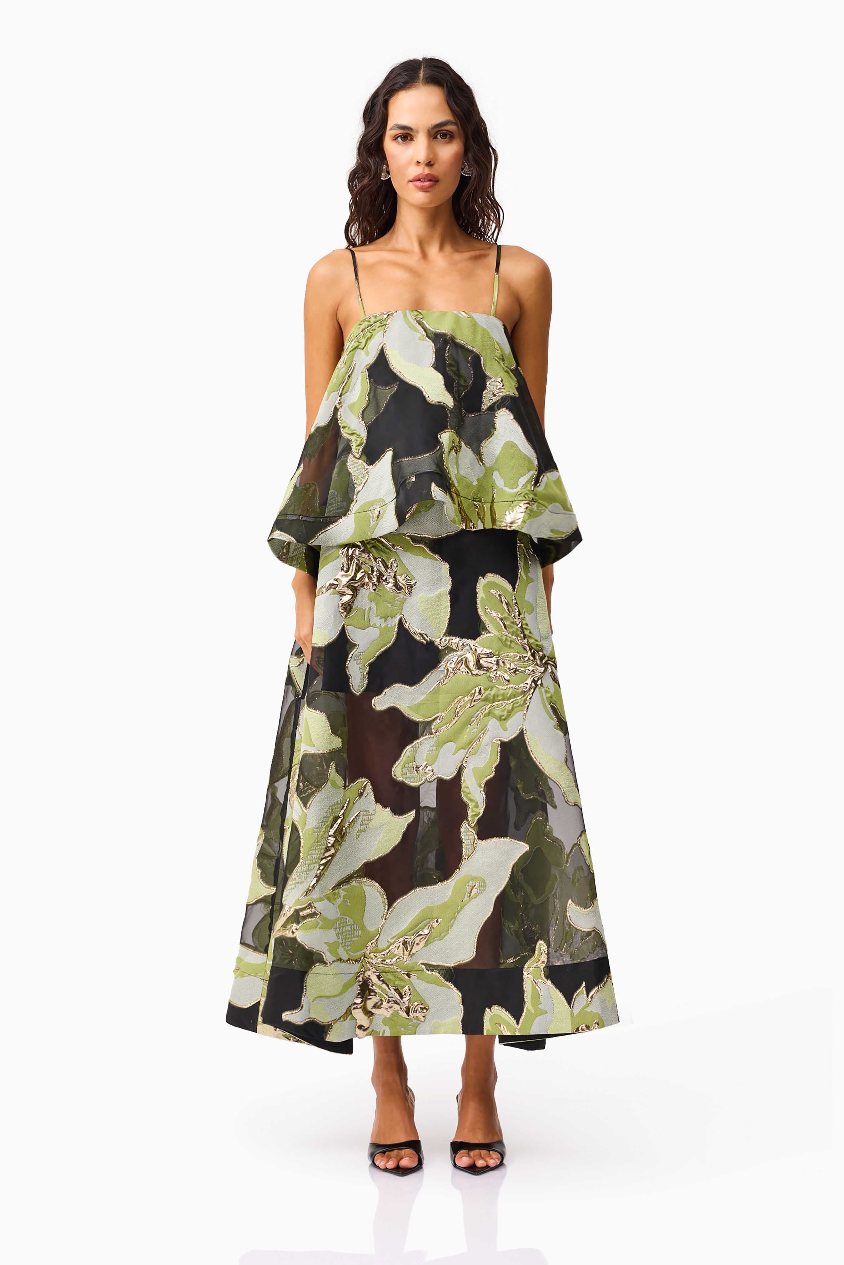 Elysia Tiered Gown in Black & Green Floral - PREORDER MAY Elysia Tiered Gown in Black & Green Floral - PREORDER MAY