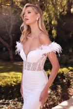 FEATHERED OFF THE SHOULDER GLIMMERING BRIDAL GOWN - Belle Le Chic