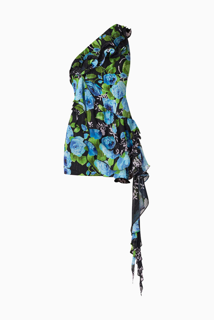 Briony Asymmetrical Mini Dress in Black & Blue Floral