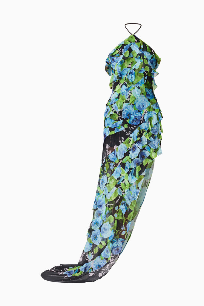 Briony Asymmetrical Maxi Dress in Black & Blue Floral