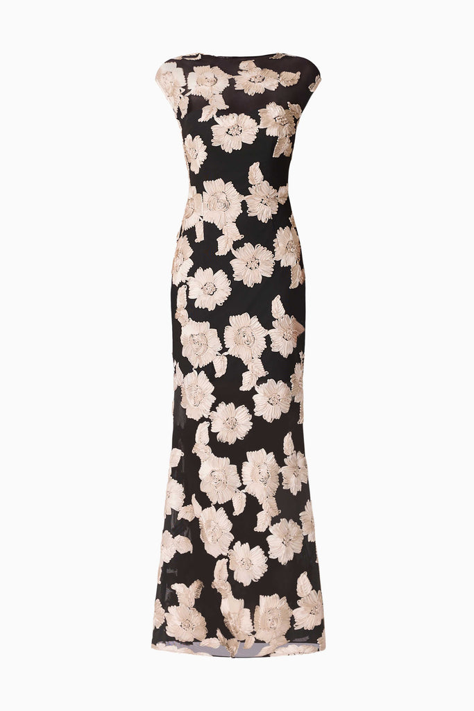 Margaux Fit & Flare Gown in Black & Gold Floral