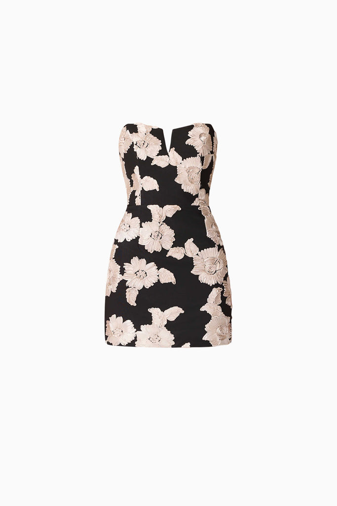 Margaux Strapless Mini Dress in Black & Gold Floral
