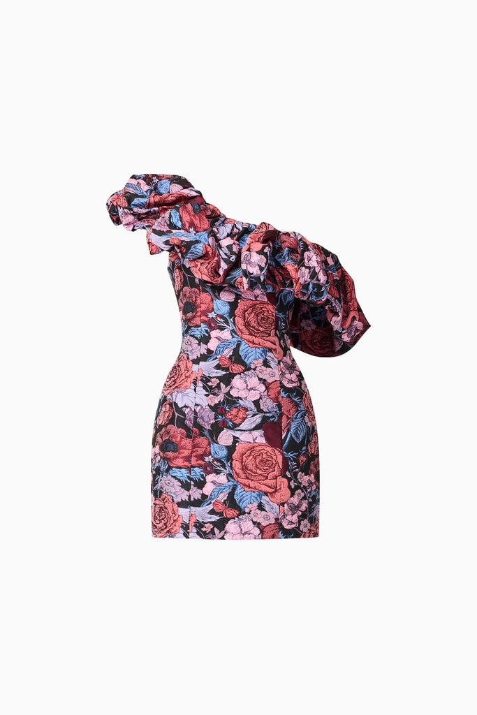 Delphine One Shoulder Mini Dress in Pink & Black Floral