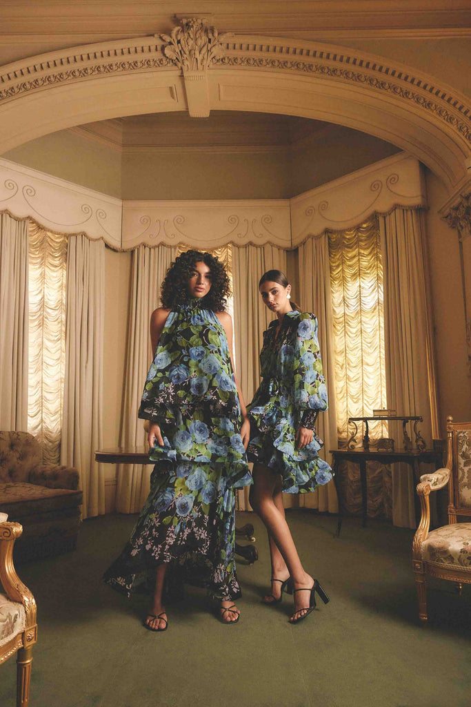 Briony Tiered Gown in Black & Blue Floral