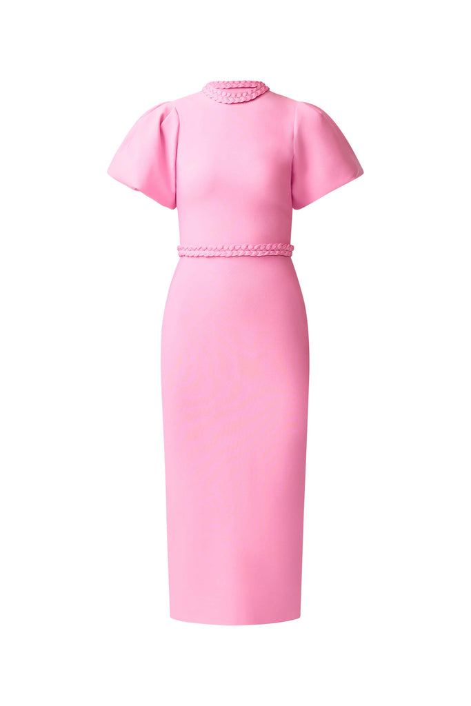 Coralene Puff Sleeve Midi Dress in Pink