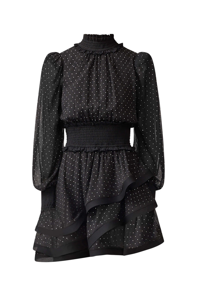 Moss Long Sleeve Embellished Mini Dress in Black