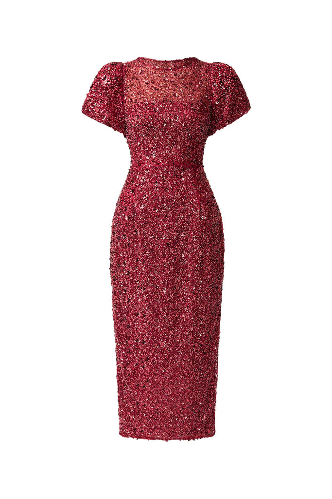 Carmen Puff Sleeve Midi Dress in Red