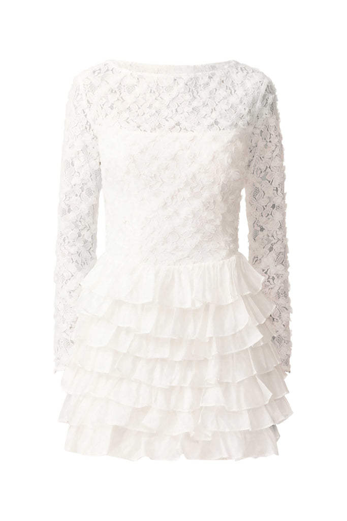 Athena Long Sleeve Lace Mini Dress in White