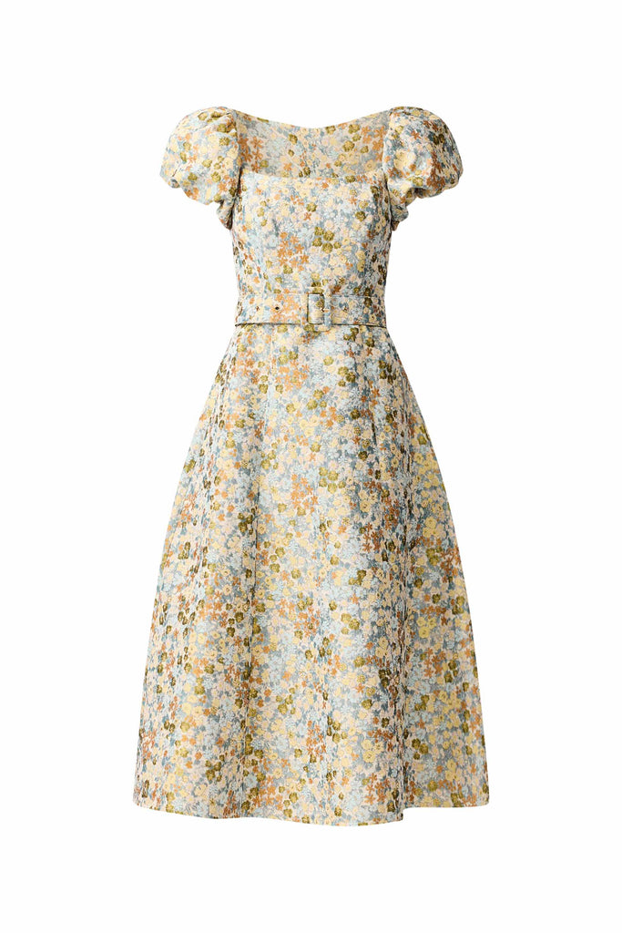 Tasmin Puff Sleeve Midi Dress in Blue & Yellow Floral
