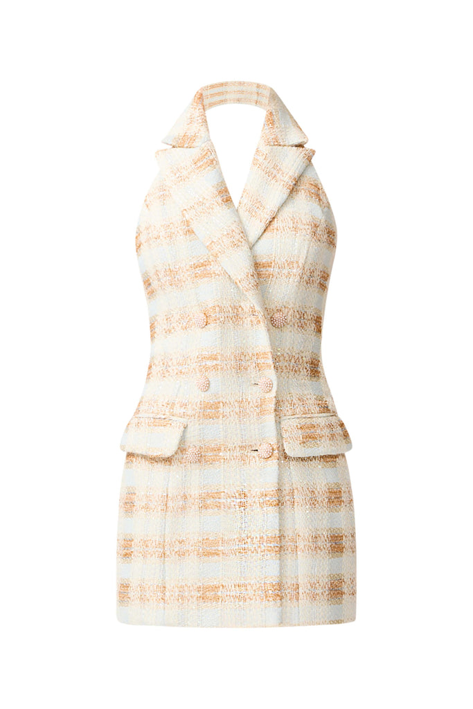 Ashlyn Halter Tweed Mini Dress in White & Gold