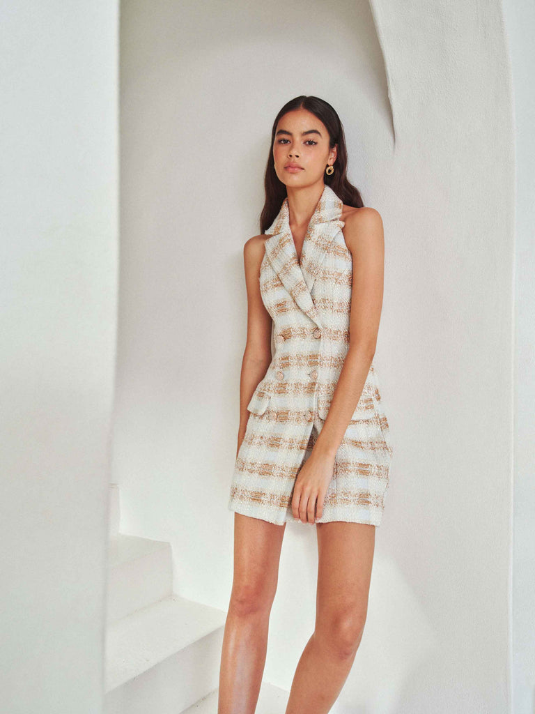Ashlyn Halter Tweed Mini Dress in White & Gold