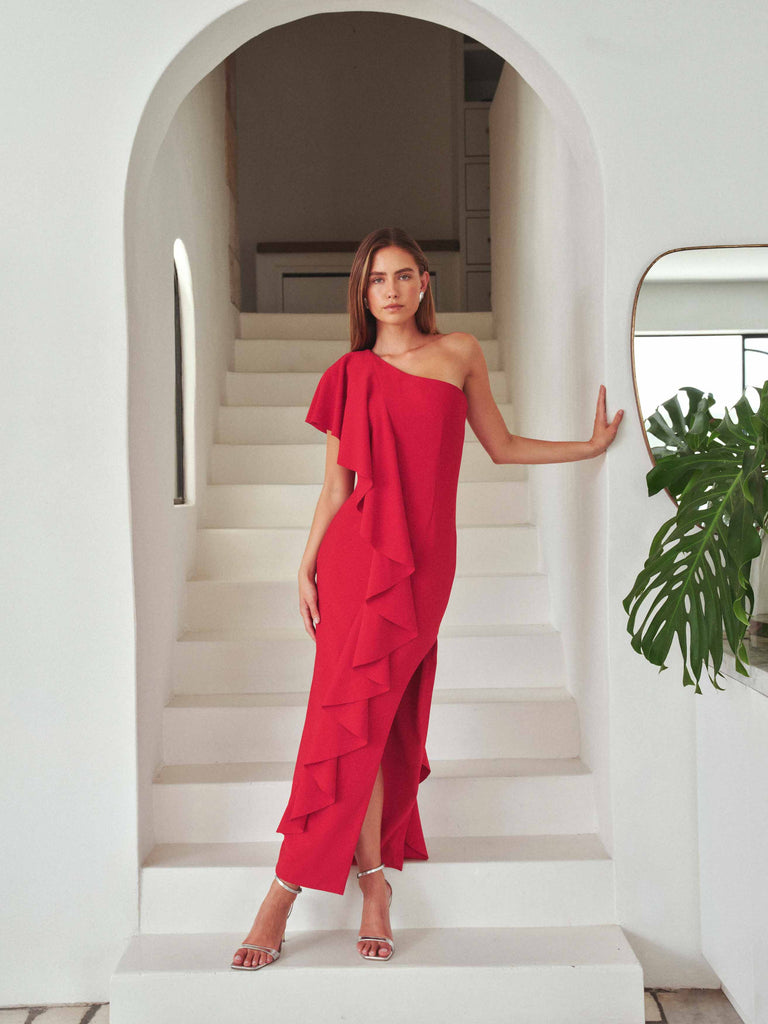 Lila Asymmetrical Gown in Red