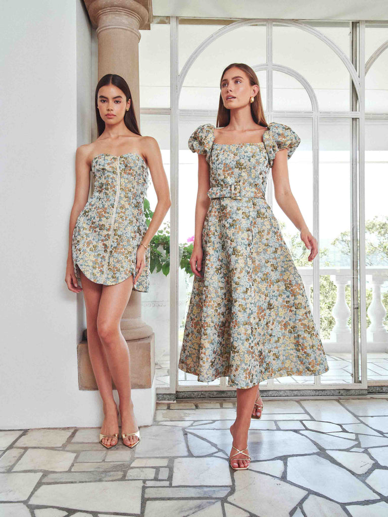 Tasmin Puff Sleeve Midi Dress in Blue & Yellow Floral