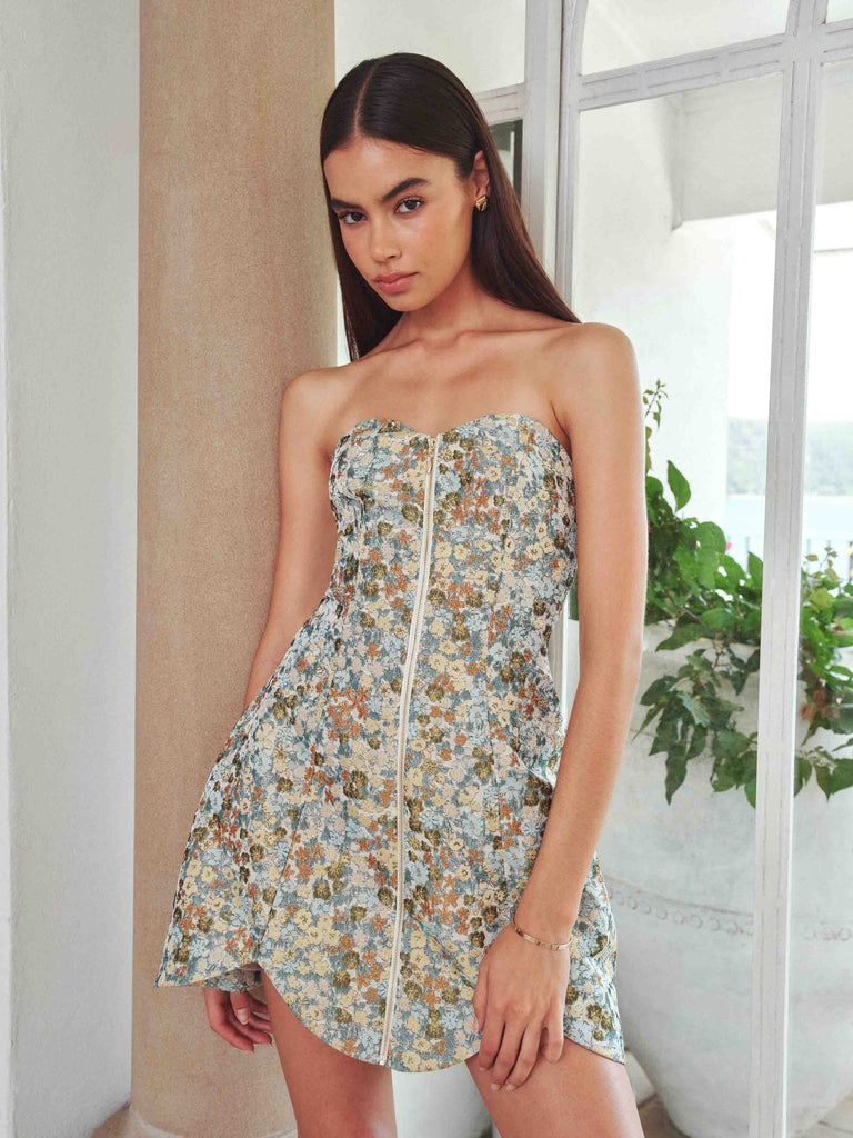 Tasmin Strapless Mini Dress in Blue & Yellow Floral