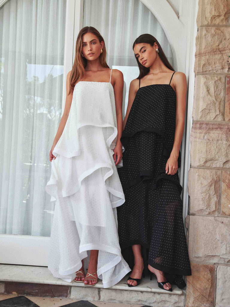 Moss Tiered Embellished Gown in White