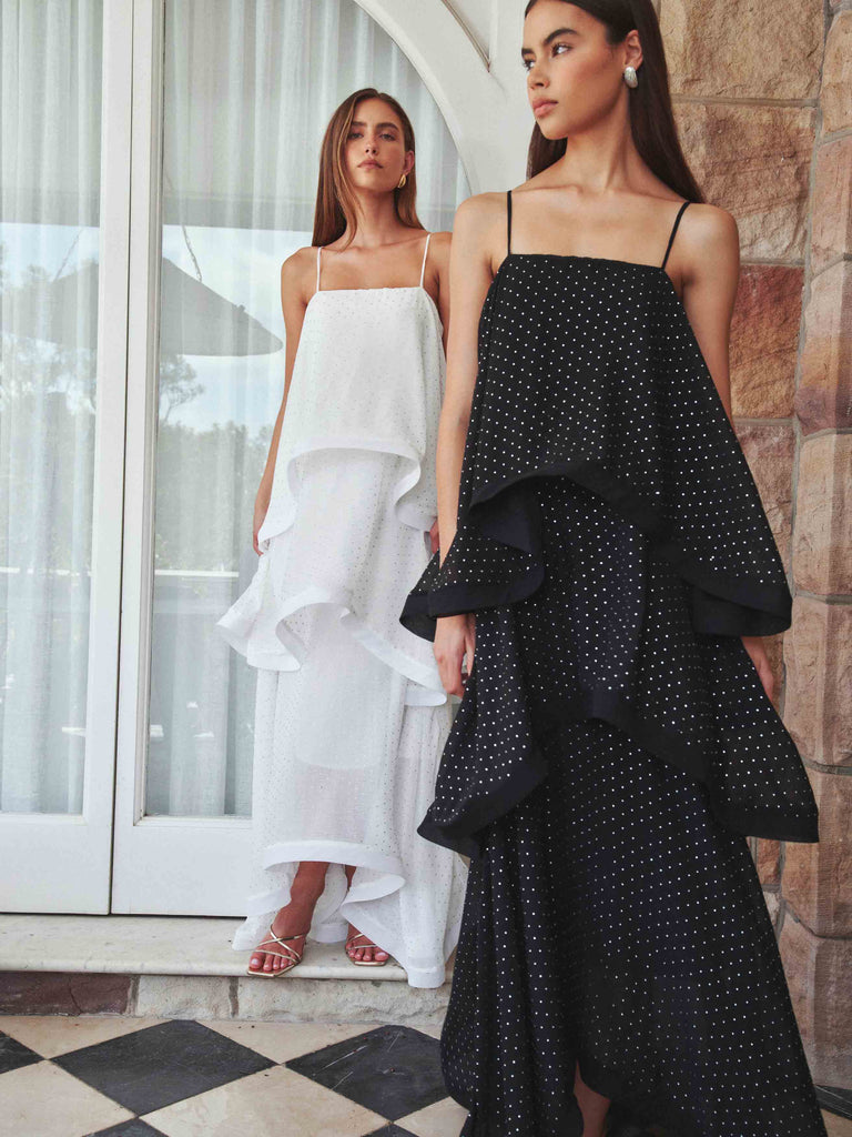 Moss Tiered Embellished Gown in Black