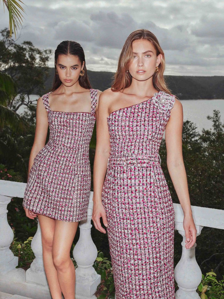 Bianca One Shoulder Tweed Midi Dress in Red