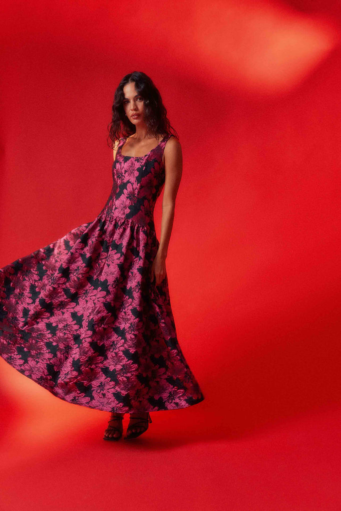 Holly A-Line Gown in Pink & Black Floral