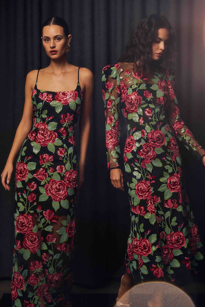 Lyra Sequin Long Sleeve Midi Dress in Pink & Green Floral