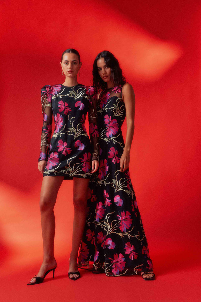 Amaya Long Sleeve Mini Dress in Black & Pink Floral