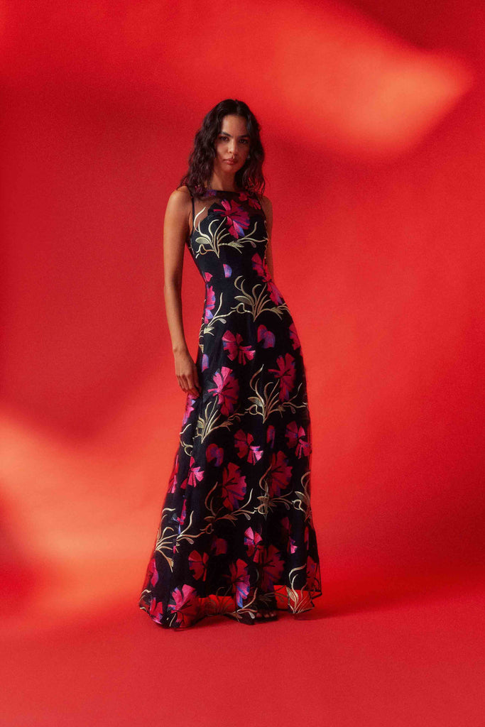 Amaya Gown in Black & Pink Floral