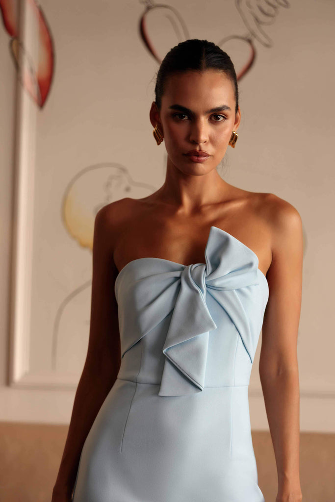 Ami Strapless Midi Dress in Blue