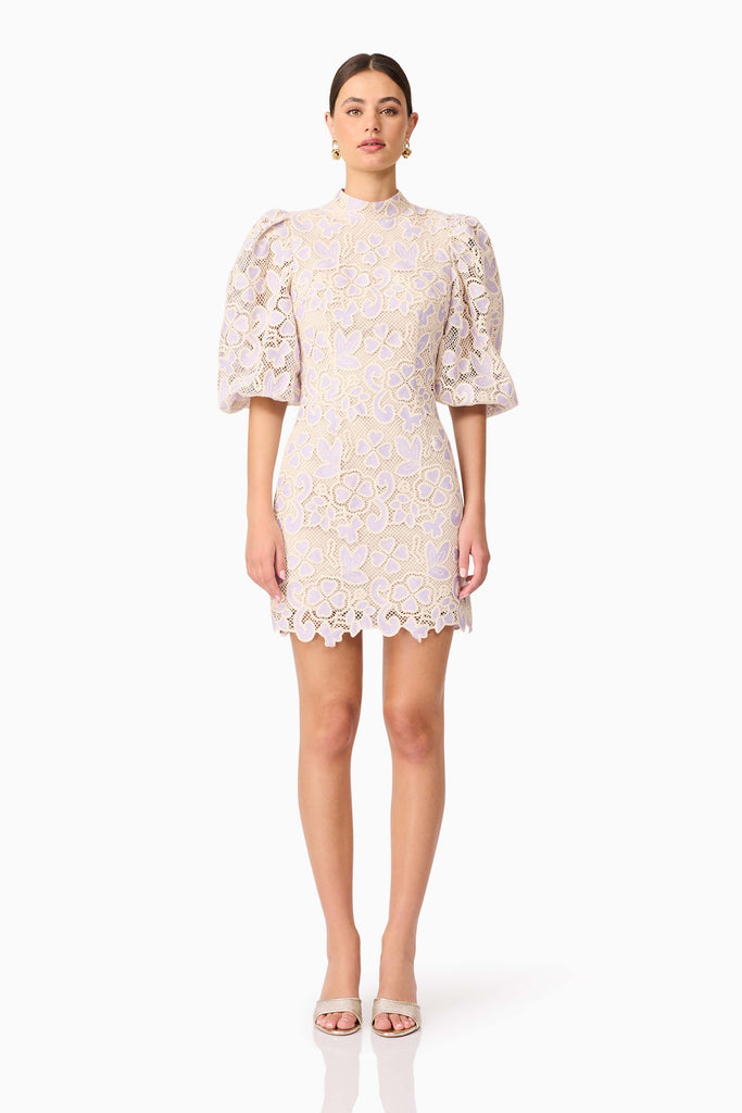 Jasmine Puff Sleeve Mini Dress in Purple & Beige