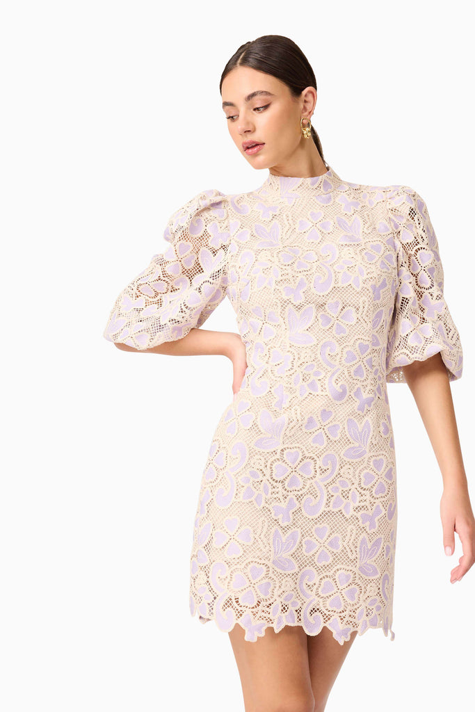 Jasmine Puff Sleeve Mini Dress in Purple & Beige