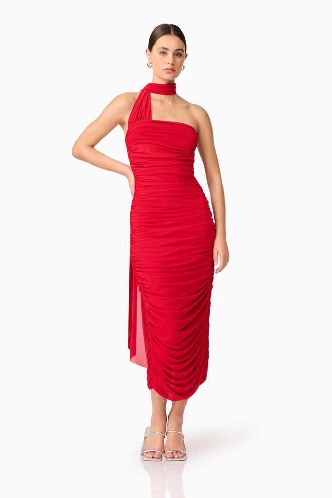 Darya Fitted Midi Dress in Red