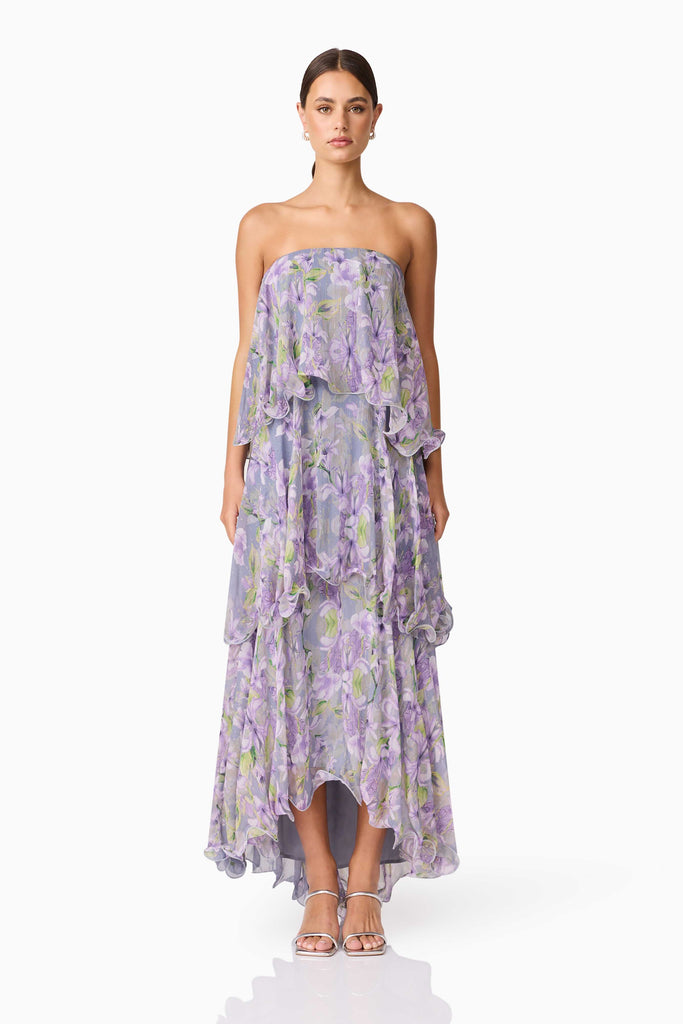 Milena Strapless Maxi Dress in Purple Floral