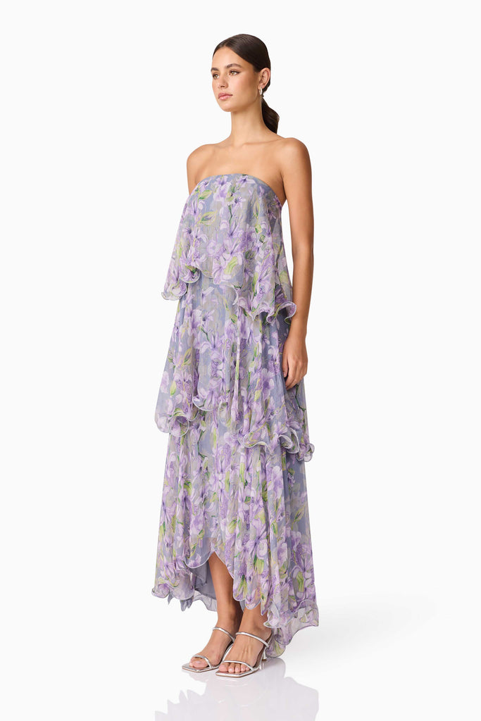 Milena Strapless Maxi Dress in Purple Floral