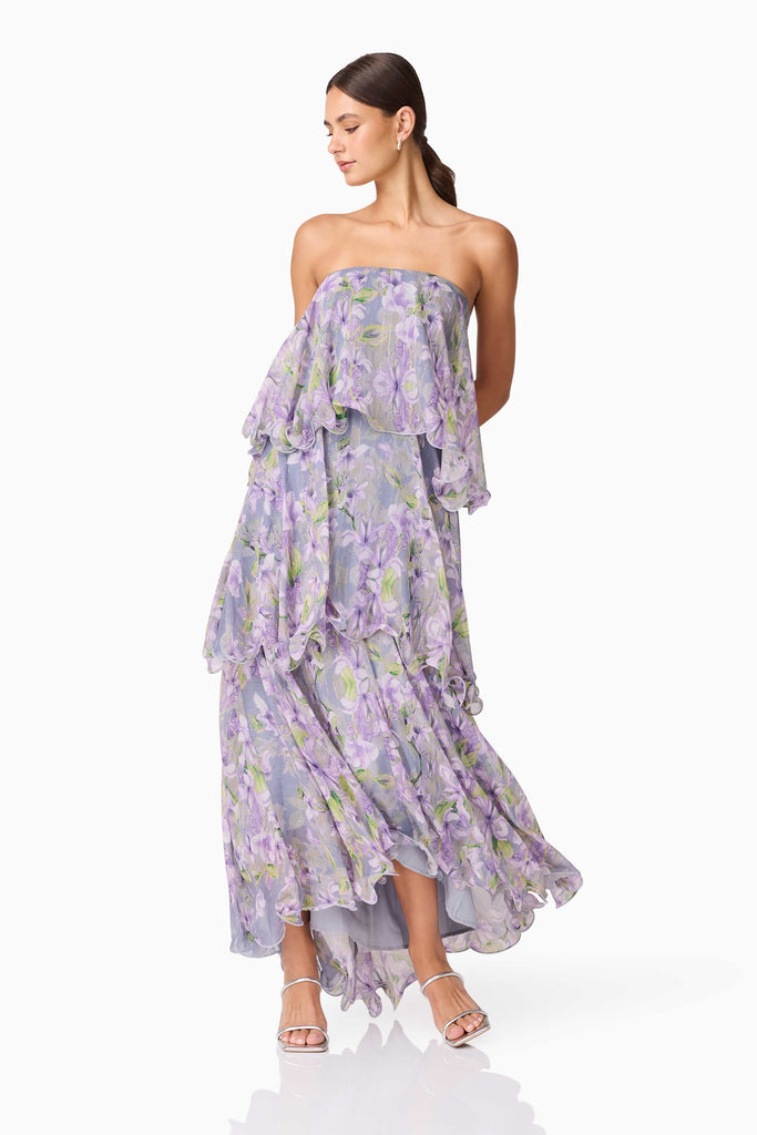 Milena Strapless Maxi Dress in Purple Floral