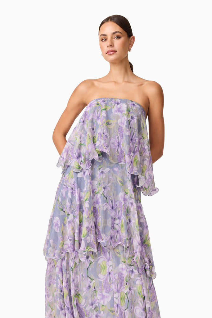 Milena Strapless Maxi Dress in Purple Floral
