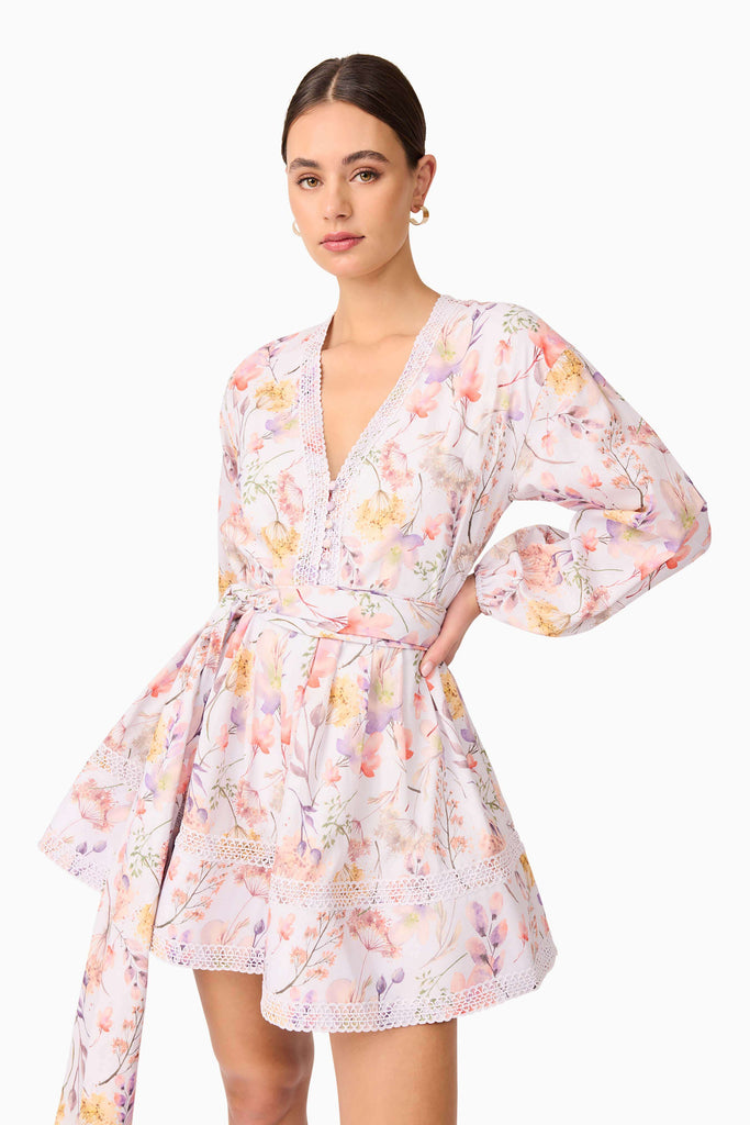 Ines Long Sleeve Mini Dress in Purple Floral