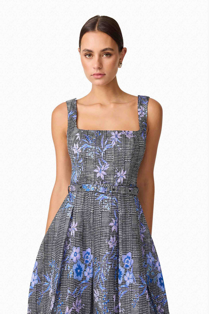 Allana Jacquard Mini Dress in Black & Blue Floral