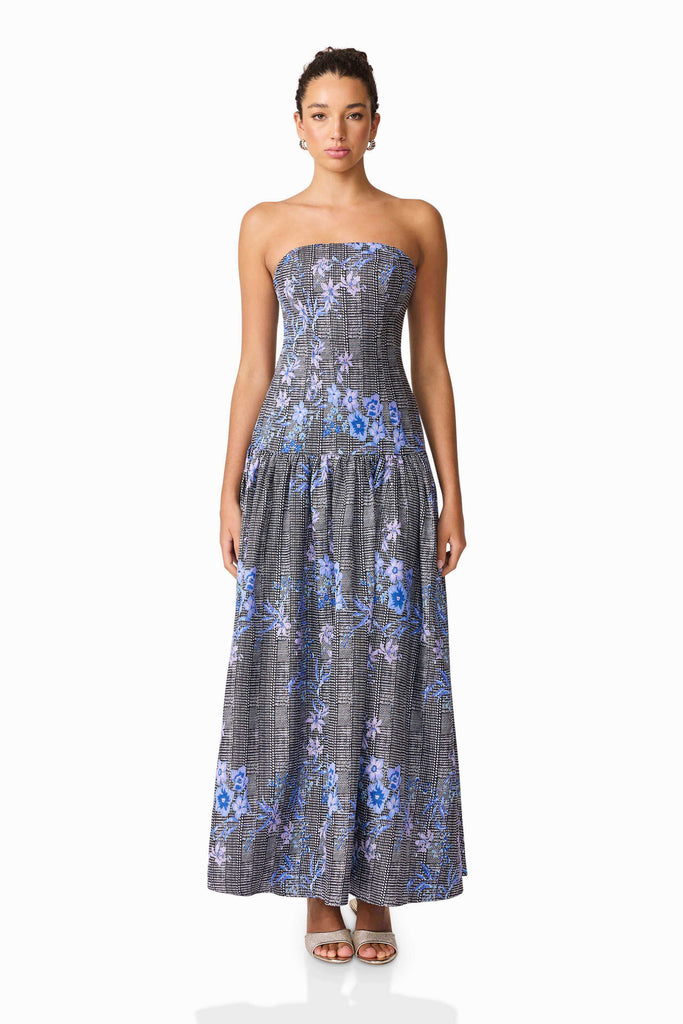 Allana Jacquard Strapless Gown in Black & Blue Floral