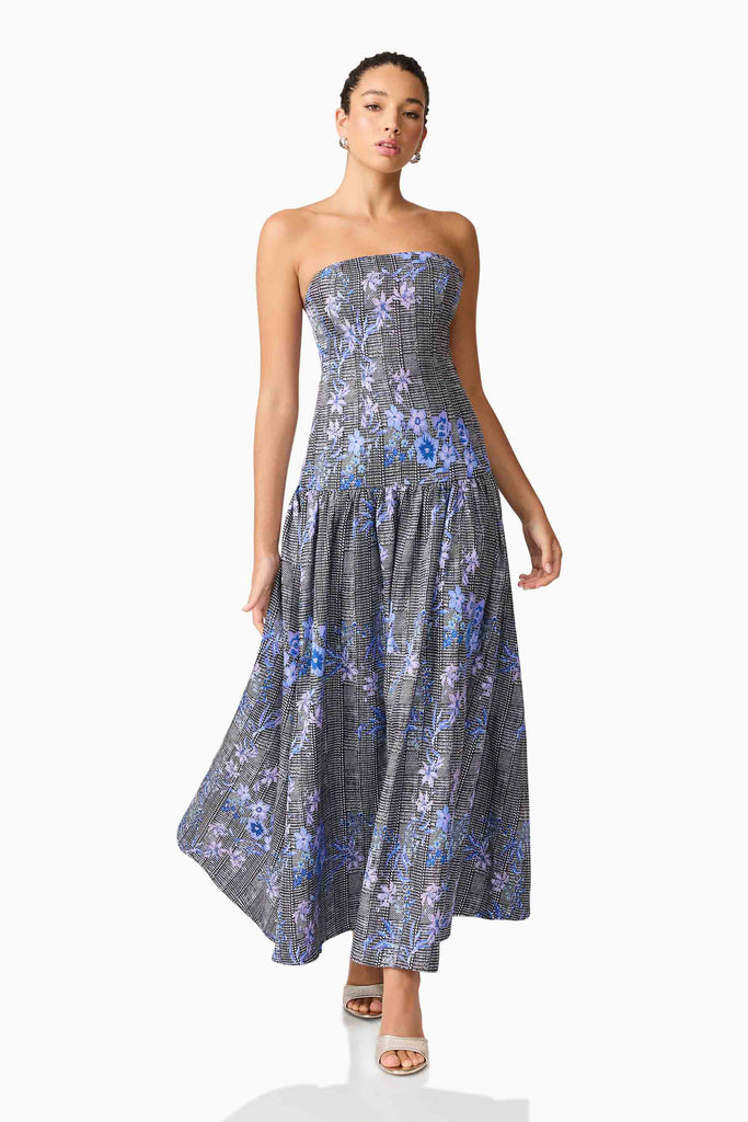 Allana Jacquard Strapless Gown in Black & Blue Floral
