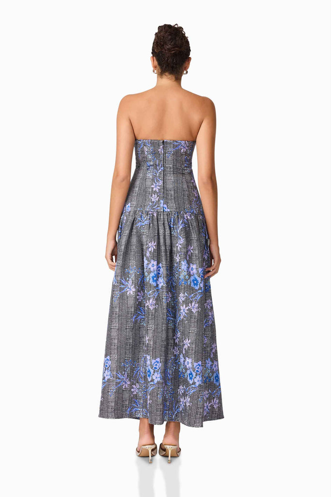 Allana Jacquard Strapless Gown in Black & Blue Floral