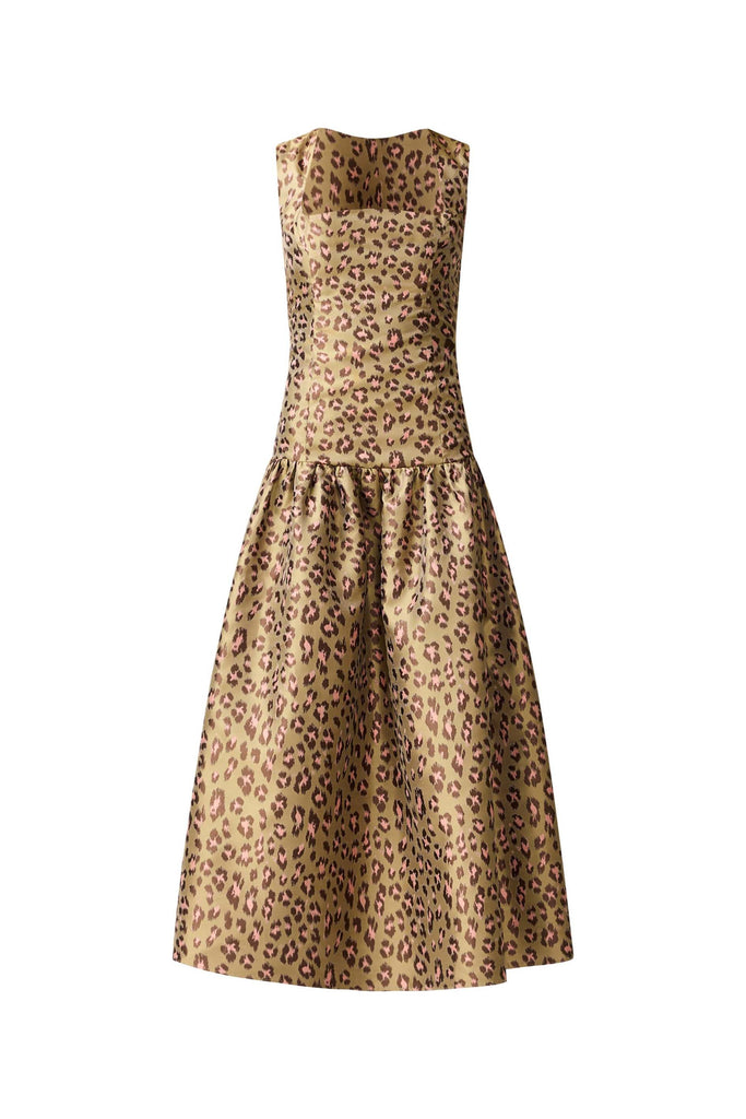 Elara Drop Waist Midi Dress in Leopard Print