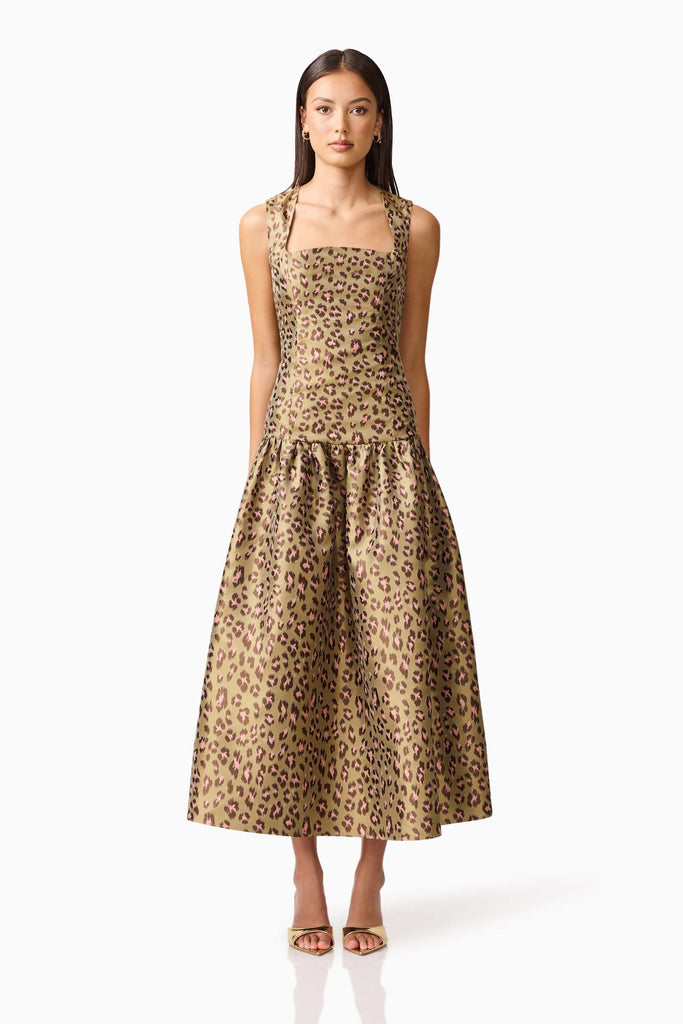 Elara Drop Waist Midi Dress in Leopard Print