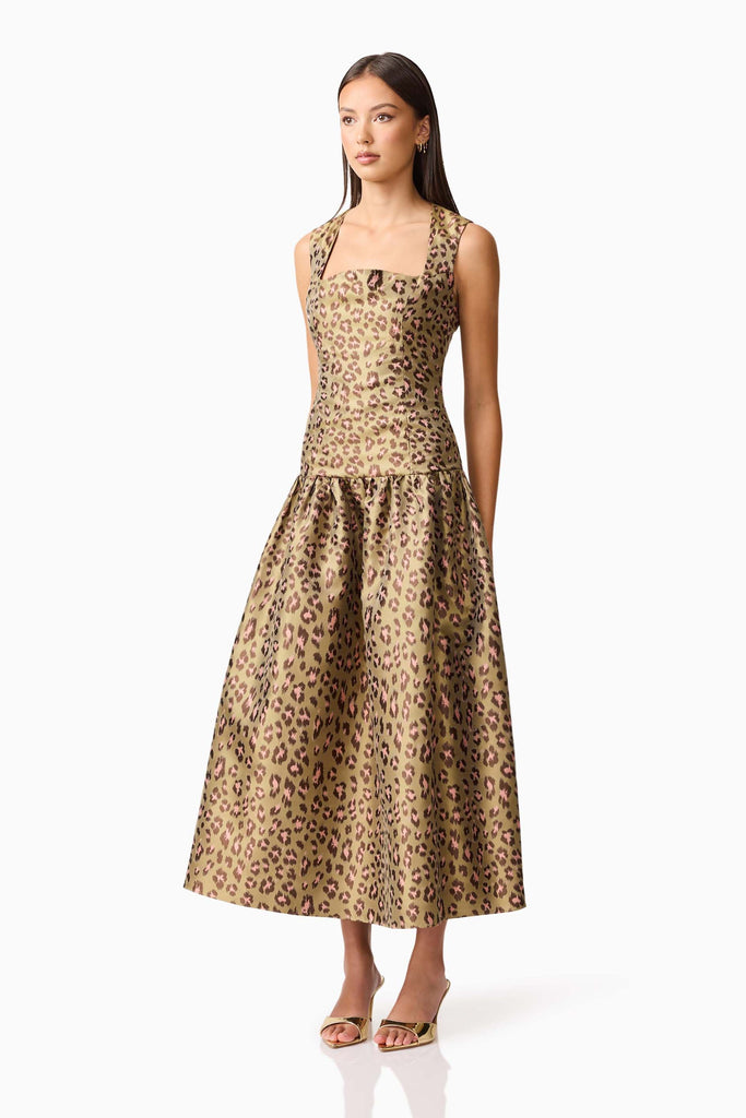 Elara Drop Waist Midi Dress in Leopard Print