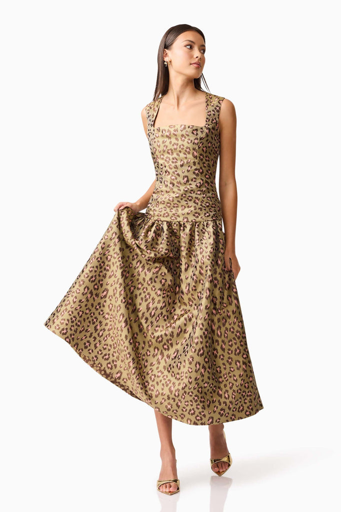 Elara Drop Waist Midi Dress in Leopard Print