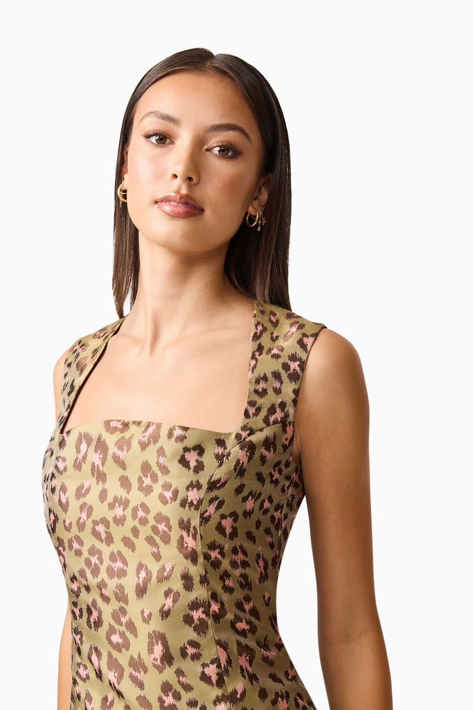 Elara Drop Waist Midi Dress in Leopard Print