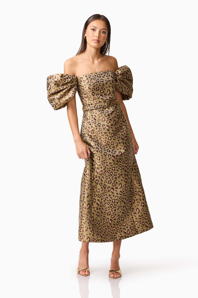 Elara Off The Shoulder Midi Dress in Leopard Print