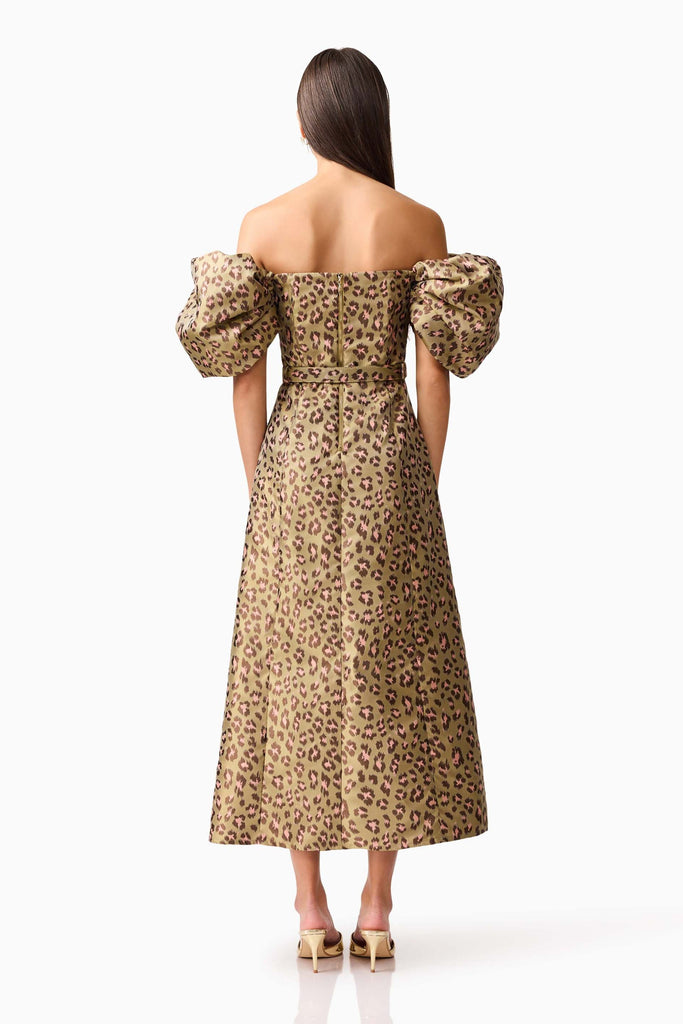 Elara Off The Shoulder Midi Dress in Leopard Print