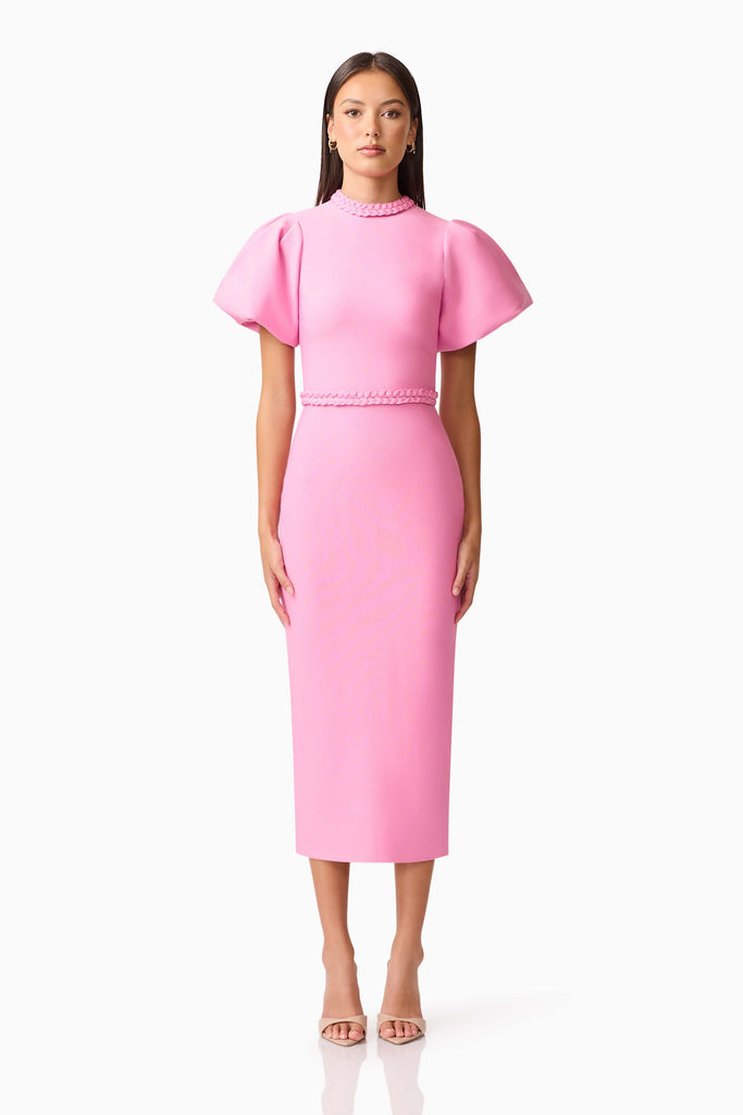 Coralene Puff Sleeve Midi Dress in Pink
