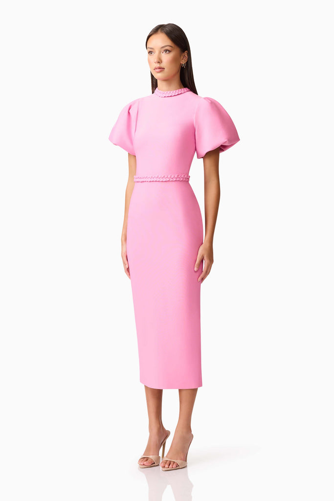 Coralene Puff Sleeve Midi Dress in Pink