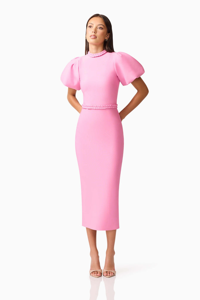 Coralene Puff Sleeve Midi Dress in Pink