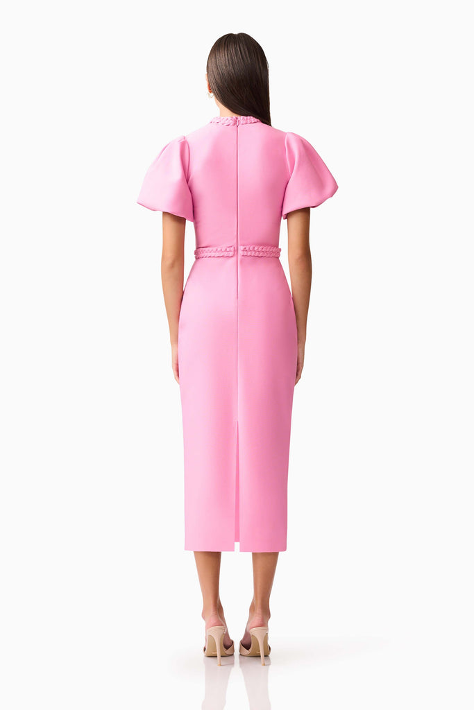 Coralene Puff Sleeve Midi Dress in Pink