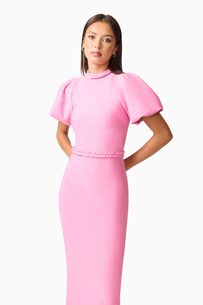 Coralene Puff Sleeve Midi Dress in Pink